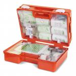 This photograph shows a compact first aid kit designed for up to 25 employees. It contains essential medical supplies easily accessible through the click-open design. The kit is labeled Click Medical First Aid Kit B and is suitable for any workplace or office setting.