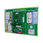 The picture shows a sturdy, red FIRST AID STATION with a prominent Click Medical logo. The station contains a MEDIUM BSI KIT, prominently labeled. The kit includes various first aid supplies and is neatly organized in several compartments.