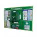 The picture shows a sturdy, red FIRST AID STATION with a prominent Click Medical logo. The station contains a MEDIUM BSI KIT, prominently labeled. The kit includes various first aid supplies and is neatly organized in several compartments.