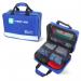 This image features a durable blue combination bag designed by Click Medical for site safety and first aid purposes. The bag has multiple compartments and comes equipped with a red cross symbol on the front.