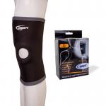 The picture shows a small, open knee support made of neoprene from Click Medicals first aid supplies. The knee support is designed to provide stability and compression for the knee joint.