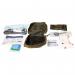 The picture shows a compact and durable Click Medical First Aid TACTICAL MILITARY FIRST AID KIT, model CM3001. The kit includes essential items such as bandages, gauze, and antiseptic wipes, neatly organized in a nylon pouch. The bright red color and bold white text make it easy to locate during emergencies. Perfect for on-the-go first aid needs in tactical and military settings.