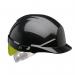 In the image, a black Centurion Safety Helmet with a slip ratchet design can be seen. The helmet features a bright yellow flash on the front, giving it a striking appearance. The Reflex Black finish adds a sleek touch to the overall look of the helmet.