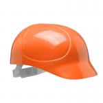 The image shows a bright orange Centurion S19 bump cap from the Centurion Hard Caps collection. The cap features a sturdy design and a streamlined shape, with the brands name subtly embossed on the side.