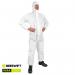 In the photo, a white large coverall from Beeswift is on display. The disposable workwear, designed in Type 5/6, is made of lightweight and breathable material. It features a hood, elasticized cuffs, and ankle openings for full coverage and protection. The Beeswift logo can be seen on the chest and back of the coverall.
