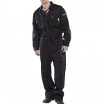 This photo shows a black Beeswift Premium Boilersuit, size 44. The sleek fabric and tailored fit create a professional and stylish look. Multiple pockets and a full zip closure make it functional and practical for any job. The high quality material ensures durability and comfort.