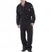 This photo captures a black Beeswift premium boilersuit, size 52. It features large pockets, a zip-up front, and a comfortable fit for all-day wear. The sleek design and durable fabric make it a practical choice for any industrial job.