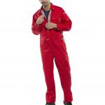 The picture shows a bright red Beeswift Premium Boilersuit, size 38, from the brand Beeswift. Made for tough jobs, the boilersuit is durable and has a comfortable fit. It features multiple pockets, a front zipper, and long sleeves. The vibrant color and practical design make it a must-have for any worker.