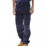 The picture shows a pair of navy blue Beeswift Multi-Purpose Trousers, with the brand name and size label clearly visible. The trousers have multiple pockets, a zip and button closure, and are made from premium materials. They appear sturdy and versatile, suitable for a variety of tasks.
