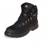 This image features a pair of Beeswift Safety Boots, specifically the Beeswift Traders S3 Thinsulate Boot in the color black. These boots are a size 12 and have the model number CTF24BL12. They are designed with safety in mind and are made with durable materials.