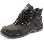 The picture shows a pair of black Beeswift Safety Boots, designed in a hiker boot style with an S3 certification. These boots are practical and sturdy, making them suitable for a variety of outdoor activities or work environments. The familiar logo of the Beeswift brand can be seen on the side of the boots.