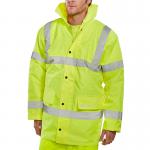 This photo shows a yellow and navy blue Beeswift Constructor Traffic Jacket, size medium. It features high visibility stripes and has the Beeswift logo on the chest and back. The jacket is designed for workers in high traffic areas. It also has reflective strips for added safety.