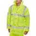 The picture shows a bright yellow high visibility jacket made by Beeswift. It has reflective strips on the front, back, and sleeves for increased visibility in low light conditions. The construction is sturdy and made for traffic workers, with a roomy size XL for comfortable wearing.
