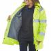 In the photo, we see the Beeswift High Visibility Jacket in a bold Saturn Yellow color. The jacket is made of fleece lining for added warmth and features reflective strips for superior visibility. Its sleek design and comfortable fit make it a great choice for outdoor workers.