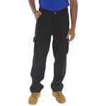 The photograph captures a pair of Beeswift Trousers in classic black, size 44T. The sturdy fabric and intricate stitching are notable, as well as the iconic Beeswift Traders logo on the front. These trousers exude durability and professionalism.