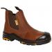This photograph features a pair of JCB safety boots in a rich brown color. The boots are equipped with S3 HRO SRC technology, providing excellent protection and durability. They are labeled as a dealer boot, and are sized for a size 4 fit.