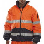 This picture shows two Beeswift High Visibility Bomber Jackets. The first one is an orange Europa Bomber Jacket and the second one is a navy 5XL EBJORN5XL. They have reflective strips and high visibility features, perfect for outdoor work or activities.