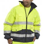 The picture shows a high visibility bomber jacket in the colors of yellow and navy. The brand is Beeswift and the specific model is Europa Bomber Jacket. It is in size 2XL and has the vibrant pattern of Saturn printed on it. The jacket is designed with functionality and safety in mind.