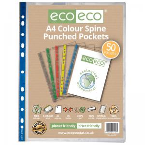eco-eco A4 100 Recycled Colour Spine Multi Punched Pockets - Pack of
