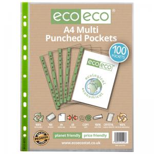 eco-eco A4 100 Recycled 65 Micron Multi Punched Pockets - Pack of 100