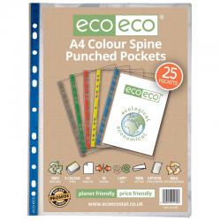 eco-eco A4 100% Recycled Colour Spine Multi Punched Pockets - Pack of 25 ECO130-S