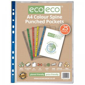 eco-eco A4 100 Recycled Colour Spine Multi Punched Pockets - Pack of