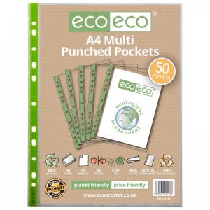 eco-eco A4 100 Recycled 65 Micron Multi Punched Pockets - Pack of 50