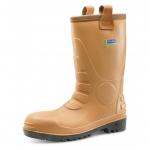 The image is of a pair of Beeswift Euro Rigger Boots in Tan, size 06.5. The boots have a sturdy build and are designed for durability and comfort. They feature a tan leather exterior, steel toe caps, and a rugged sole for maximum traction. The boots also have a padded collar and lace-up front for a secure fit.