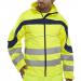 This picture shows a bright yellow and navy high visibility jacket from Beeswift. The soft shell material gives it a sleek look, while the reflective stripes ensure maximum visibility. It is an XL size and has the Beeswift logo on the chest.