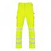 The image shows a pair of bright yellow high visibility trousers from Beeswift Envirowear. The trousers have reflective stripes and multiple pockets. They are durable and designed for outdoor work.