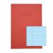 The image shows a pack of 50 Rhino Stationery A4 exercise books, with a red cover and tinted blue paper. Each book has 48 pages and is marked with the F8M label.