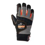 The image captures a pair of Ergodyne anti-vibration gloves in size XL. The full finger design provides complete protection, while the ergonomic shape ensures a comfortable fit. The gloves are in a neutral color with the Ergodyne logo displayed on the wrist. The material is durable and flexible, making it ideal for various industrial or outdoor work. The gloves feature vibration-dampening technology to reduce hand fatigue and ensure safety during use.