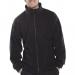The photograph captures a black Beeswift standard fleece jacket in size 2XL. The jacket is made of cozy, soft fleece material with a subtle sheen. It features a zippered front and two side pockets. The brand name Beeswift can be seen on the tag on the collar.