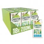 The photo showcases a box filled with 18 bottles of Cawston Press Apple & Pear Juice. The packaging features the brands iconic logo and bright, fresh colors. The bottles have a sleek, modern design with a conveniently twist-off cap. The juice inside is a beautiful golden hue, suggesting a delicious and refreshing taste.