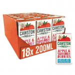 A vibrant and refreshing photo of Cawston Press Apple & Summer Berries Juice x18 FRWM122, with its rich deep red hues and slices of fresh fruit floating in the liquid. The labeled bottles are neatly stacked and ready to quench your thirst.
