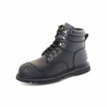 This photo features a pair of resilient Beeswift Safety Boots in size 12. The boots are designed with a strong Goodyear welt and a scuff cap for added durability. They come in sleek black and offer reliable protection for your feet.