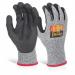 In the photo, a pair of Glovezilla nitrile palm coated gloves can be seen. They have a grey color and are size 2XL. The gloves have a thick, durable coating on the palm and are suitable for various tasks. They provide excellent grip and protection for hands.