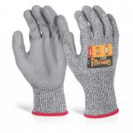 The photo features a pair of grey Beeswift Glovezilla polyurethane gloves with a PU palm coating. The gloves have a sleek and durable design, providing excellent protection while still allowing for dexterity and grip.