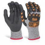 The Glovezilla nitrile gloves are designed with a grey palm coating and a comfortable fit in size M. The picture shows a pair of gloves with a textured surface for improved grip, perfect for handling tasks that require precision and protection.