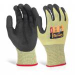 In this image, we see the Glovezilla Nitrile Gloves by Beeswift, specifically the yellow Nitrile Palm Coated Glove in size small. The gloves feature a sturdy nitrile construction and a vibrant yellow color. The palm coating provides added grip and protection. The pair of gloves can be seen lying flat in the image.