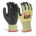 In this image, we see the Glovezilla Nitrile Gloves by Beeswift, specifically the yellow Nitrile Palm Coated Glove in size small. The gloves feature a sturdy nitrile construction and a vibrant yellow color. The palm coating provides added grip and protection. The pair of gloves can be seen lying flat in the image.