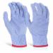 In this photograph, a pair of Glovezilla Cut Resistant Food Safe Gloves in size Medium can be seen. The gloves are a bold blue color and are designed to provide protection against cuts. The brand logo, Beeswift, is visible on the gloves.