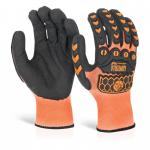The photograph captures the vibrant orange color of the Glovezilla Nitrile Gloves, with a Foam Nitrile coating for added protection. The gloves have a sleek design and are in size M. The embossed logo of Beeswift adds a touch of professional branding.