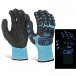 The photo shows a pair of blue Glovezilla Nitrile gloves by Beeswift. The gloves have a glow-in-the-dark foam on them, and are designed to fit size 2XL hands. The material is soft and flexible, providing maximum comfort and dexterity. Perfect for working in low-light conditions.