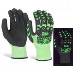The photograph shows a pair of green Glovezilla Nitrile Gloves by Beeswift. The gloves feature a glow-in-the-dark foam material and are size large. They have a durable and protective design, perfect for various tasks.