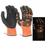 This pair of nitrile gloves, known as Glovezilla, has a bright orange color and features a glow-in-the-dark foam material. The brand name, Beeswift, is printed on the wrist area. The gloves are meant to provide protection and comfort for the wearer while also being highly visible in low light conditions.
