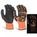 This pair of nitrile gloves, known as Glovezilla, has a bright orange color and features a glow-in-the-dark foam material. The brand name, Beeswift, is printed on the wrist area. The gloves are meant to provide protection and comfort for the wearer while also being highly visible in low light conditions.