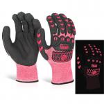 This photo shows a pair of Glovezilla Nitrile Gloves by Beeswift. The gloves are in a bold pink color and are made with foam nitrile material. They also have a glow-in-the-dark feature, making them easily visible in low light conditions.