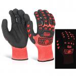 The Glovezilla Nitrile Gloves, designed by Beeswift, are a glowing red color with a foam nitrile material. The gloves feature a textured surface for a secure grip and are perfect for working in the dark. The pair of gloves are durable and offer protection for your hands.