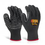 The image shows a pair of medium-sized Glovezilla Anti-Vibration Gloves, designed to protect the hands from impact and vibration. The gloves are black with yellow accents and feature a thick, padded palm area. They have a snug fit and the brand name is prominently displayed on the wrist.